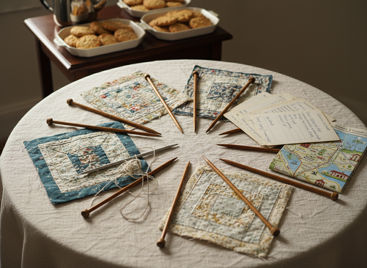 A close-up, photographic image of a circular arrangement of well-used knitting needles, quilting squares, recipe cards, and a neatly folded village map laid out on a soft linen tablecloth. The textures of wool, paper, and fabric contrast gently under diffused afternoon light streaming through an unseen window, casting delicate shadows and subtle highlights. In the background, slightly out of focus, sit trays of homemade biscuits and a polished stainless-steel teapot on a side table. Shot from a slightly elevated angle with balanced composition, the mood is warm, collaborative, and community-minded, suggesting an active women’s institute in Harwell through their creative projects and shared interests, without any people present.