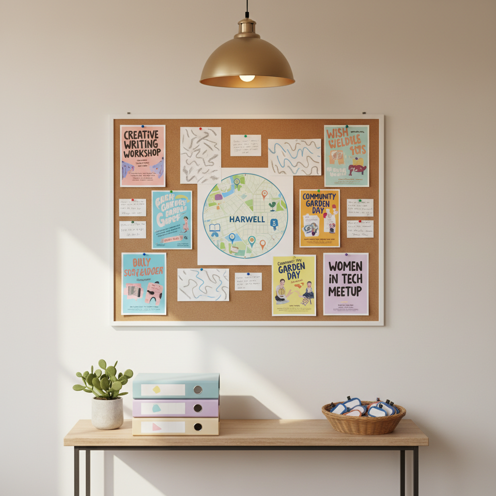 An organized noticeboard mounted on a freshly painted cream wall, filled with neatly pinned event flyers, handwritten-style notes rendered as abstract lines, and a central, colorful map of Harwell marked with tiny, non-textual icons for key community locations. A slim wooden console table beneath holds a tidy stack of binders, a small potted plant, and a basket of name badges turned face down. Soft overhead pendant lighting and ambient daylight from the side create a clear, bright scene with gentle shadows under the shelf. Captured front-on with photographic realism and sharp focus, the composition feels structured, professional, and inclusive, representing the planning hub of a dynamic women’s group without depicting any individuals.